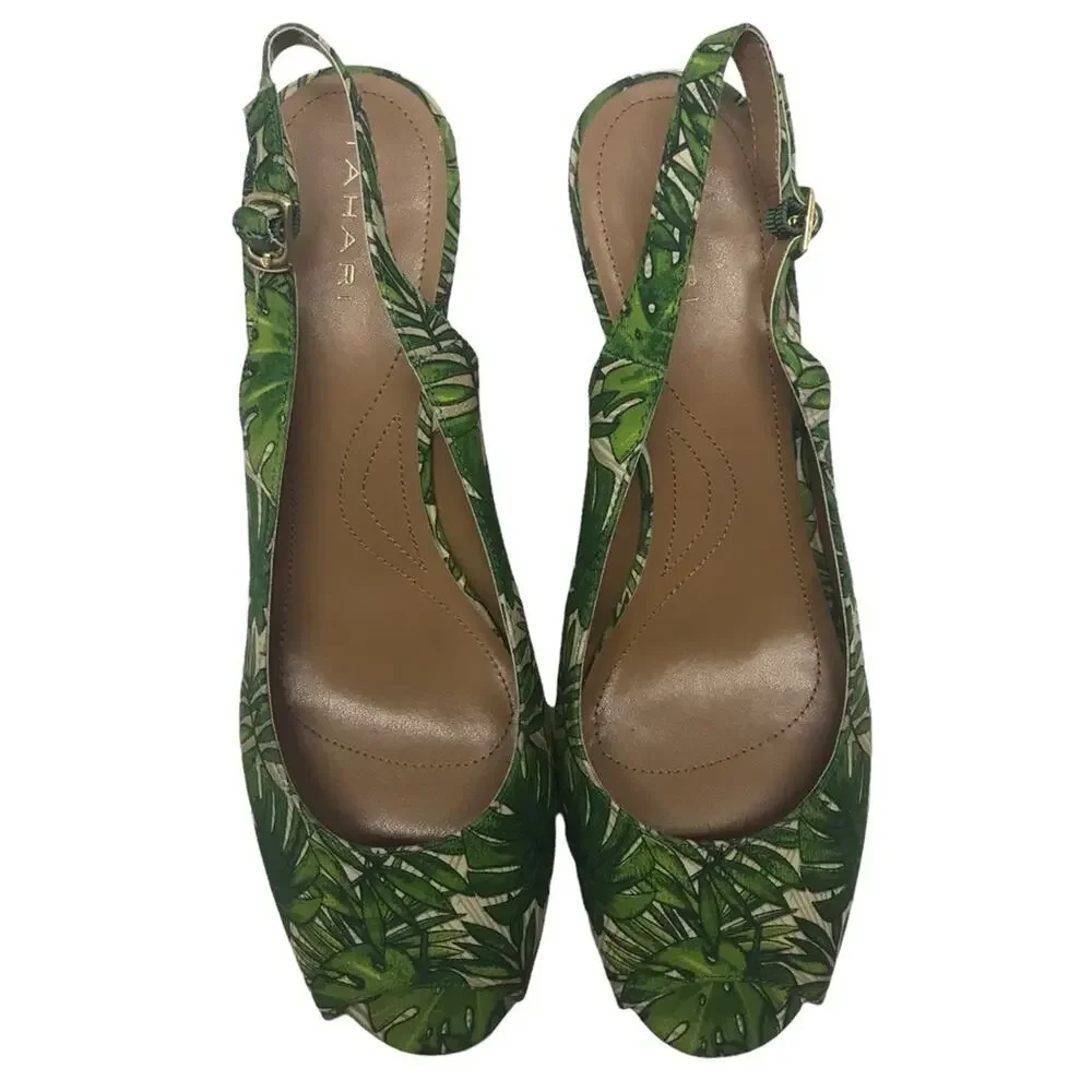 Tahari Taylor Raffia Wedge Sandals tropical palm frond peep toe WOMEN’S SIZE 11